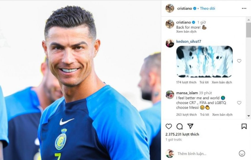 Ronaldo ngay lập tức có động thái sau khi Messi giành FIFA The Best 2023. Ảnh: Instagram.